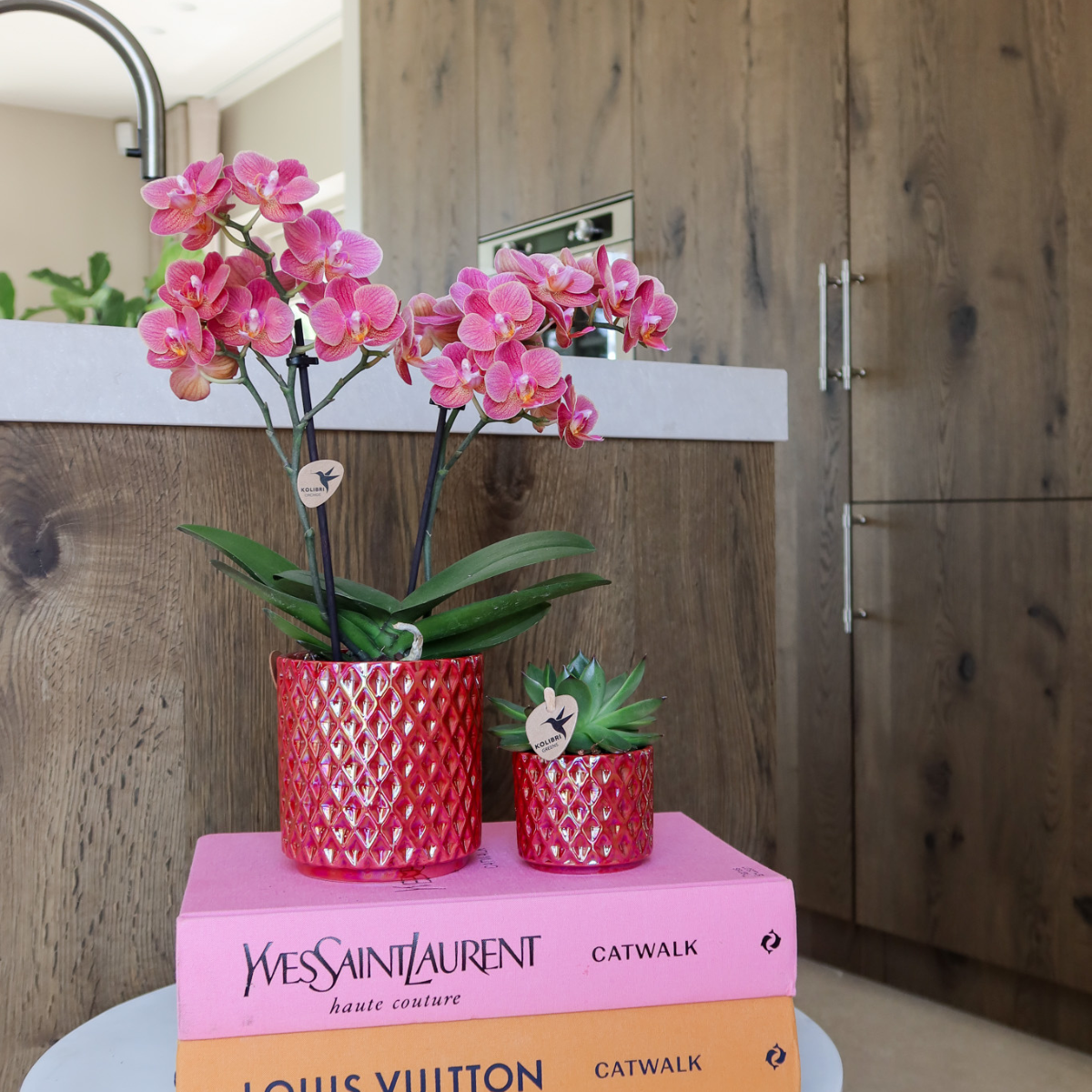 Rode Phalaenopsis Congo Orchidee in Diamond Pearl Pot – Luxe Eyecatcher