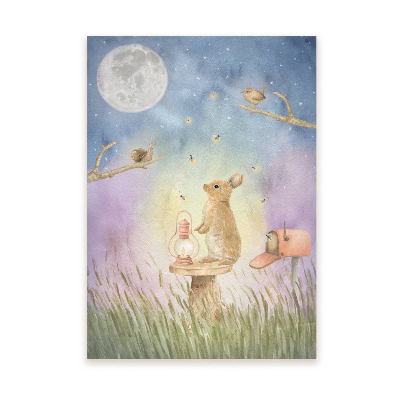 Schattige Nachtelijke Konijn Postkaart – Illustratie met Maan en Vuurvliegjes