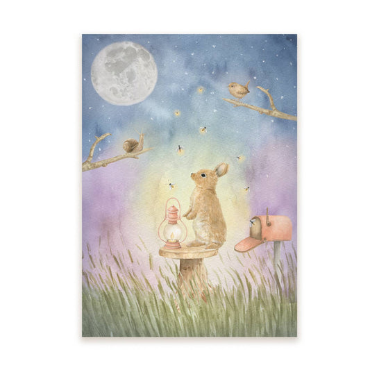 Schattige Nachtelijke Konijn Postkaart – Illustratie met Maan en Vuurvliegjes
