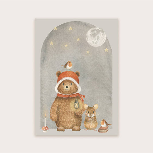 Schattige Dierenpostkaart – Beer en Muis Illustratie